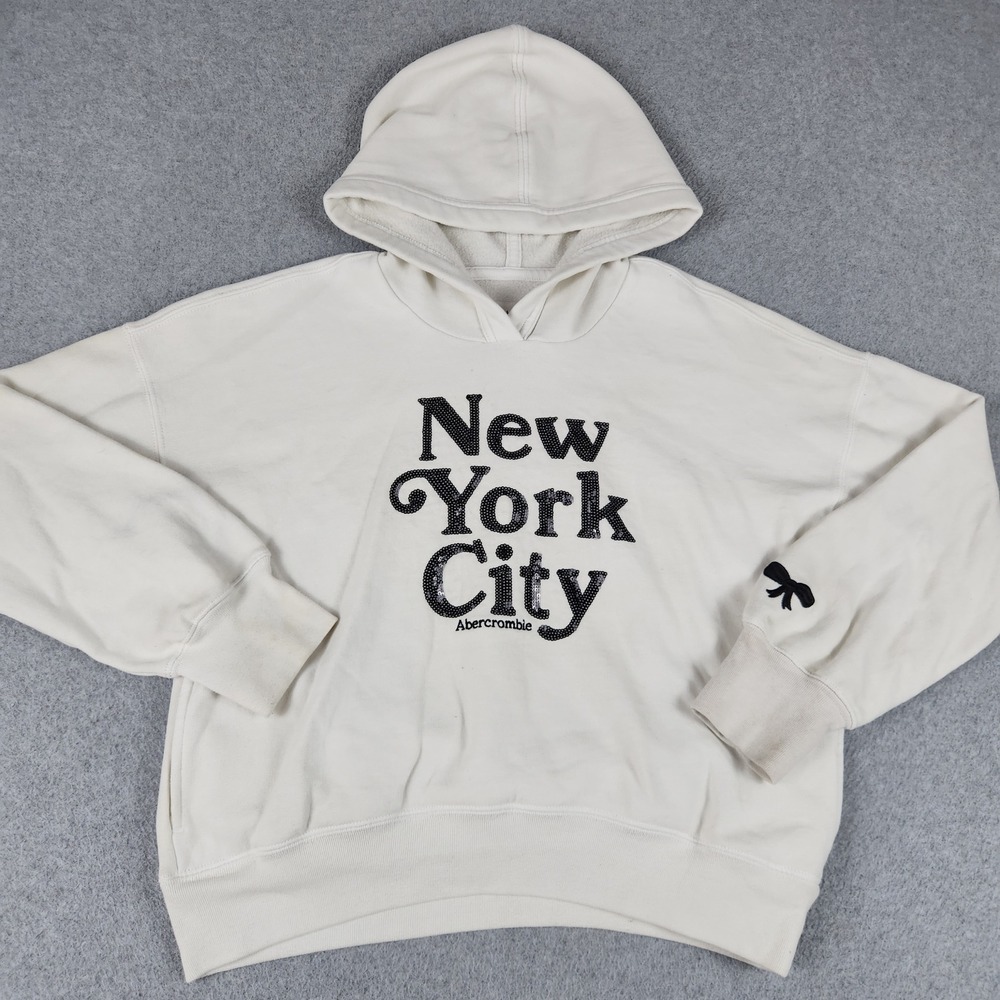 Abercrombie Kids Hoodie Girls 11/12 Cream New York City Sequin Thumbhole Sleeve